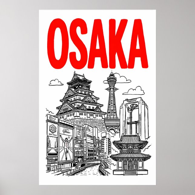Póster Osaka City Print Bold Typography and Landmark Line (Frente)