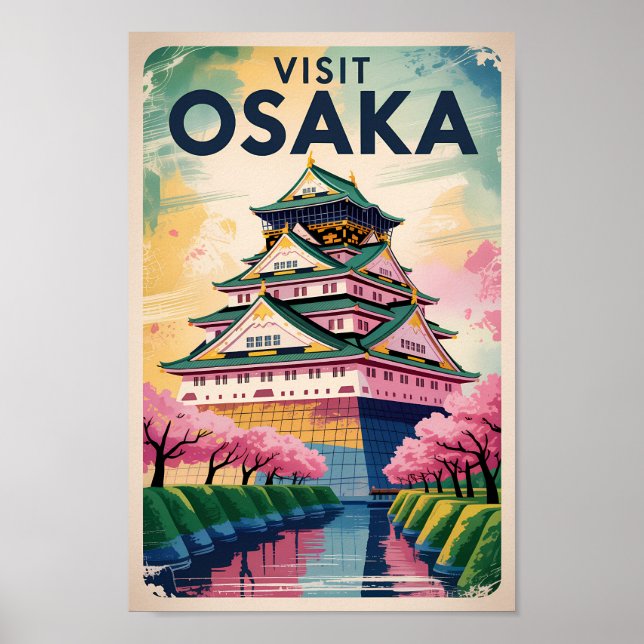 Póster Osaka Japan Castle Illustration Travel Art Vintage (Frente)
