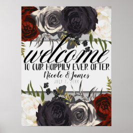 Póster Oscuro Glam Botánico Floral de Bienvenida Boda Mal