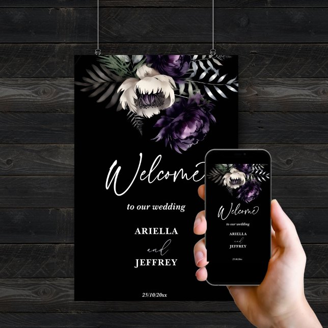 Póster Oscuro moody boho elegante signo de bienvenida de  (Dark moody boho elegant wedding editable template welcome sign digital download purple peonies)