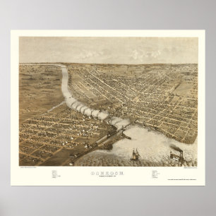 Póster Oshkosh, mapa panorámico de los WI - 1887
