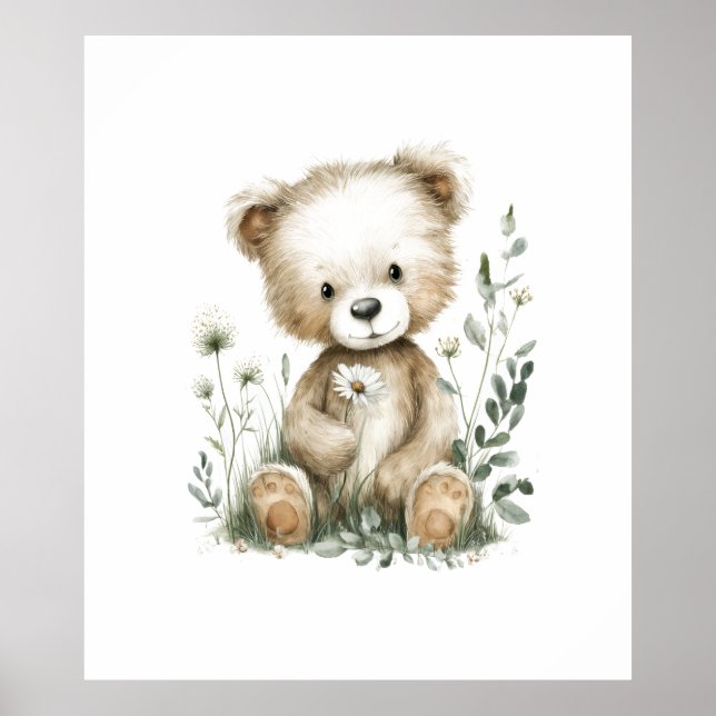 Póster Osito de acuarela adorable con flores silvestres (Frente)