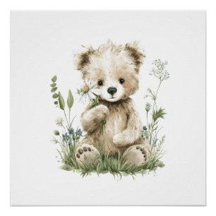 Póster Osito de acuarela adorable con flores silvestres