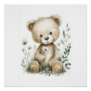 Póster Osito de acuarela adorable con flores silvestres