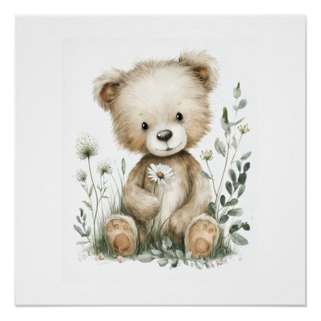 Póster Osito de acuarela adorable con flores silvestres (Anverso)