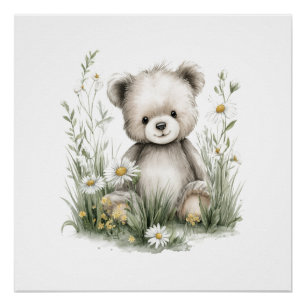 Póster Osito de acuarela adorable con flores silvestres