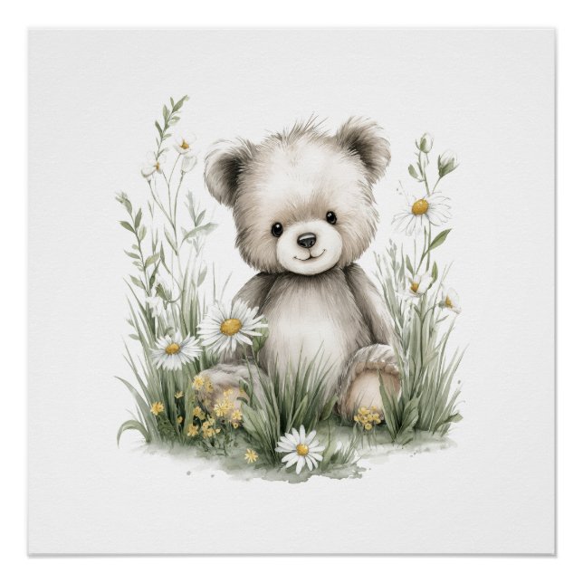 Póster Osito de acuarela adorable con flores silvestres (Anverso)