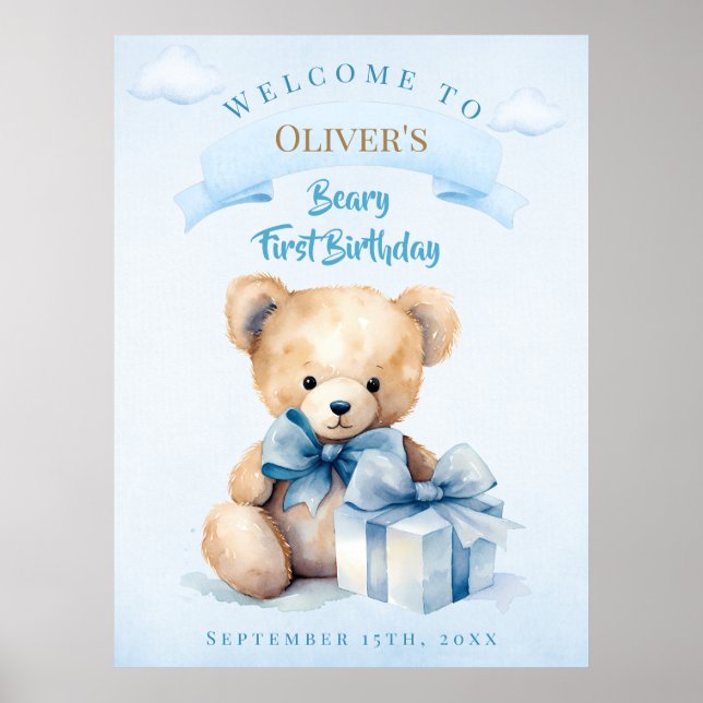 Póster Osito de acuarela encantador Cumpleaños de Beary p (Frente)