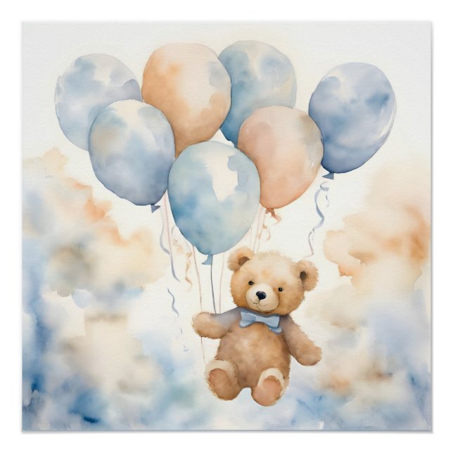 Póster Osito de peluche adorable con globos acuarela (Anverso)