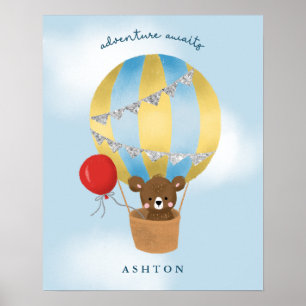 Póster Osito de peluche azul de globo aerostático lindo
