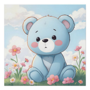 Póster Osito de peluche azul lindo en jardín