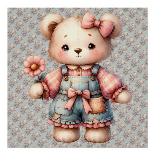 Póster Osito de peluche de pastel sosteniendo flor con ov