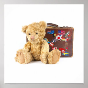 Póster osito de peluche y maleta vieja vintage con world 