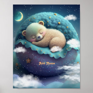 Póster Osito Lindo Durmiendo Almohada Azul Estrellas Luna