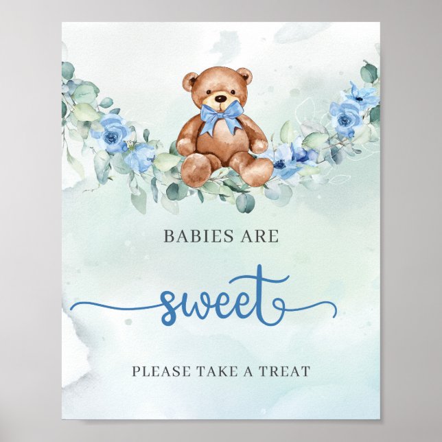 Póster Ositos de peluche bebés en verde salvia con flores (Frente)
