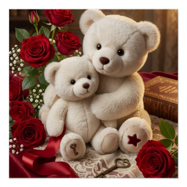 Póster Ositos de peluche blancos lindos con flores rojas  (Anverso)