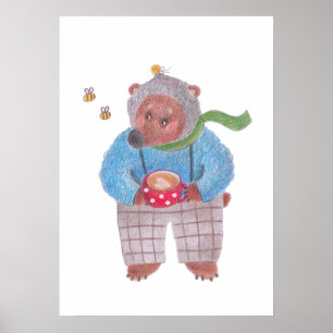 Póster Oso, abejas y capuchino