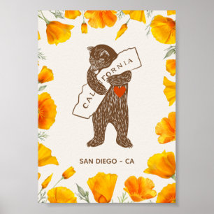 Póster Oso Abrazando Mapa de California Amapolas Personal