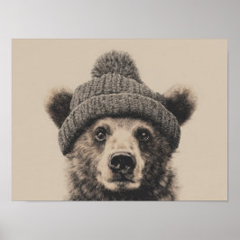 Póster Oso Acogedor con Gorro - Lindo Animal de Invierno 