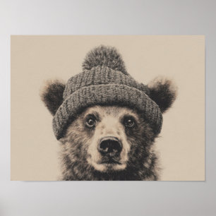 Póster Oso Acogedor con Gorro - Lindo Animal de Invierno