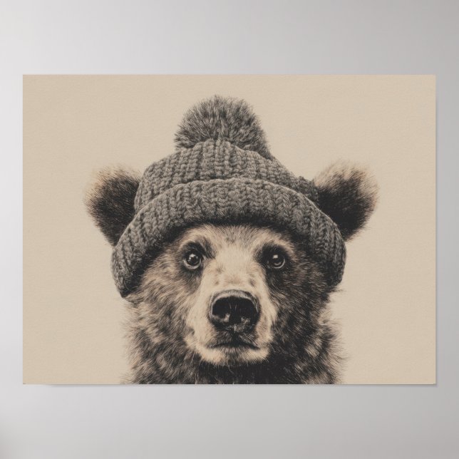 Póster Oso Acogedor con Gorro - Lindo Animal de Invierno  (Frente)