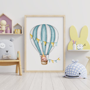 Póster Oso Acuarela Globo Aerostático Festivo Dormitorio 