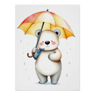Póster Oso acuático con paraguas y gotas de lluvia