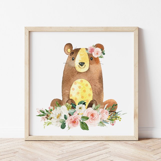 Póster Oso, Animales Woodland, Boho, Flores Rosa (Subido por el creador)