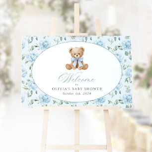 Póster Oso, Arco Azul, Flores Azules, Bienvenida en Baby