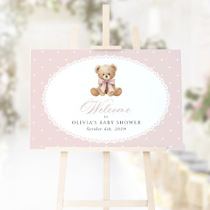 Póster Oso, Arco, Lunares Rosados, Bienvenida en Baby Sho