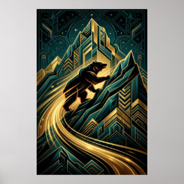 Póster Oso Art Deco subiendo la montaña camino dorado