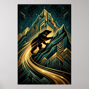 Póster Oso Art Deco subiendo la montaña camino dorado