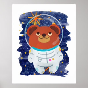 Póster Oso Astronauta Flotando Espacio Estrellas Acuarela