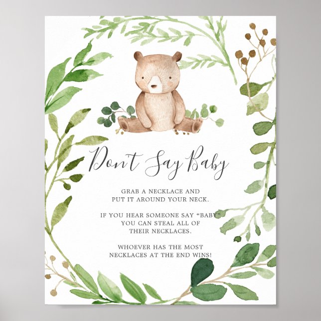 Póster Oso Baby Shower no diga Rótulo bebé (Frente)