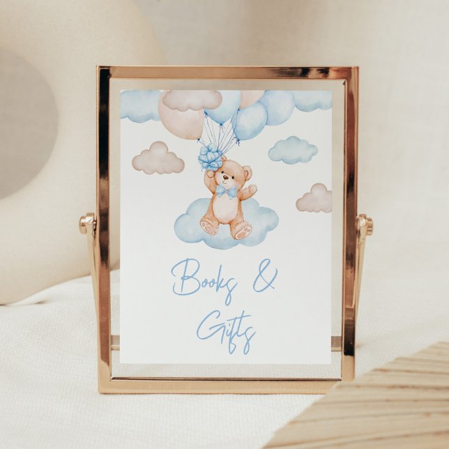 Póster Oso Bebé Azul Globo de Bebé Cumpleaños Libros y Re (Blue Bear Balloon Baby Shower Books and Gifts Sign)