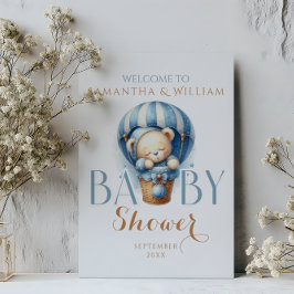 Póster Oso bebé en globo de aire caliente azul