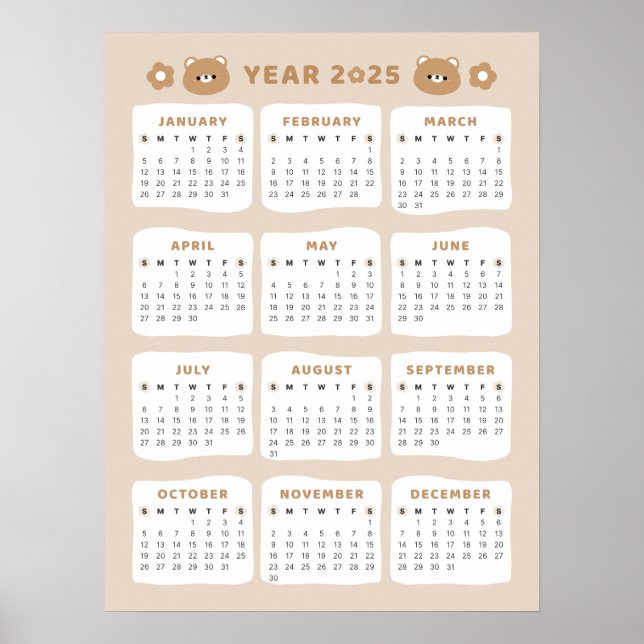 Póster Oso Bonito Calendario 2025 (Frente)