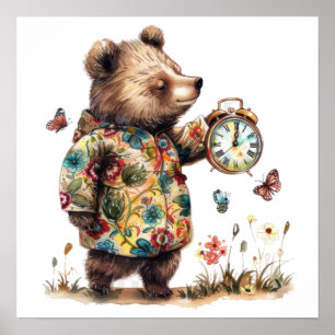 Póster Oso caprichoso sosteniendo reloj vintage Pequeño