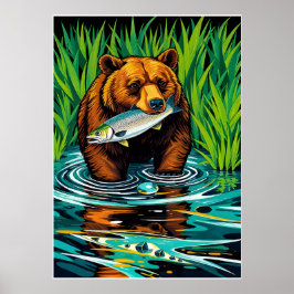 Póster Oso Con Captura - Audaz Escena Del Río Salmon Hunt