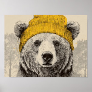 Póster Oso con Gorro Amarillo Animal del Bosque Rústico