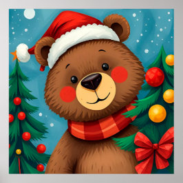 Póster Oso con sombrero de Santa entre árboles de Navidad
