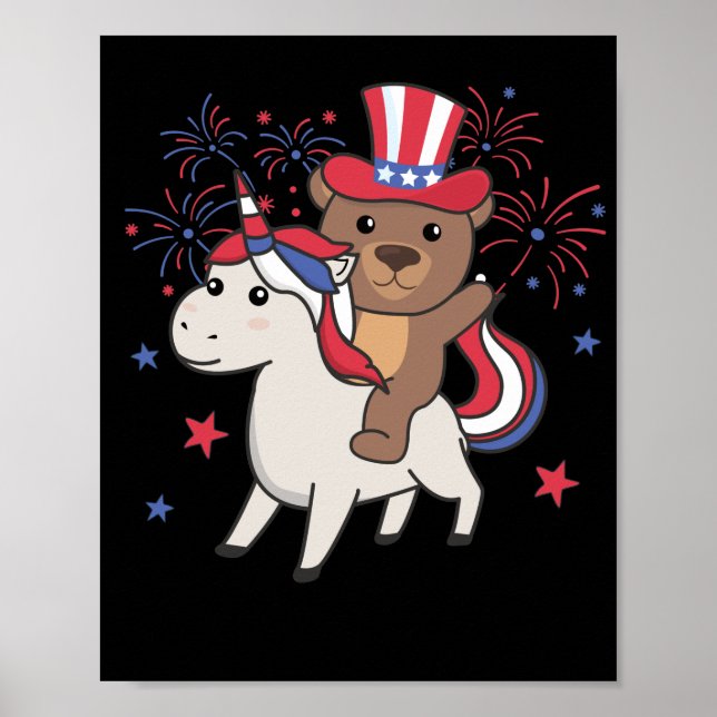 Póster Oso Con Unicorn Por Los Fuegos Artificiales Del 4  (Frente)