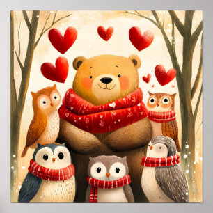 Póster Oso de bosque acogedor familia de búhos amor de in