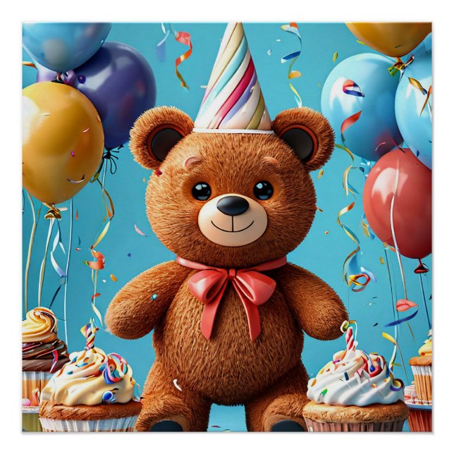 Póster Oso de cumpleaños con pastel y globos (Anverso)