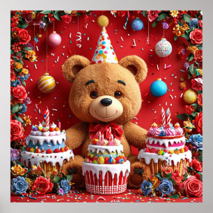 Póster Oso de Cumpleaños con Tarta y Globos para Niños