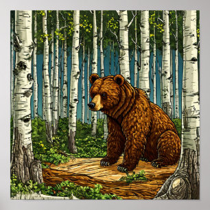 Póster 🐻 Oso de Dibujos Animados en Bosque de Abedules B