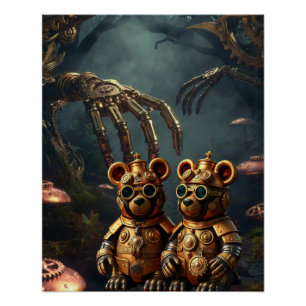 Póster Oso de goma mecánico gótico oscuro bosque steampun