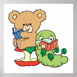 Póster Oso de lectura y gusano de libro corto
