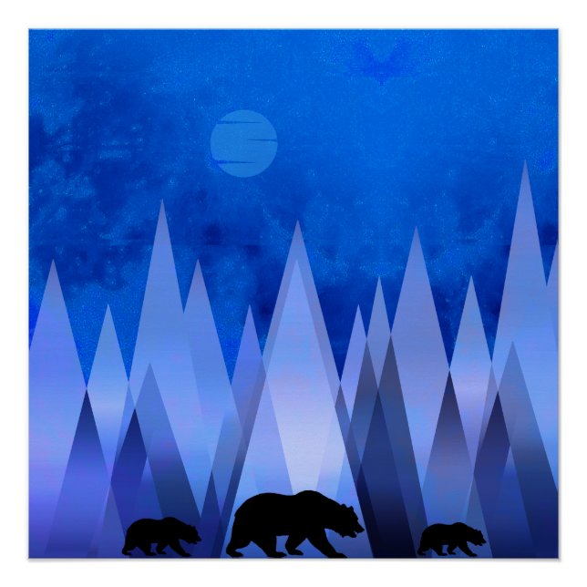 PÓSTER OSO DE MONTAÑAS GEOMÉTRICAS AZULES (Anverso)