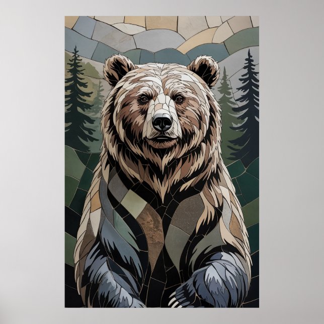 Póster Oso de mosaico de piedra Bosque (Frente)
